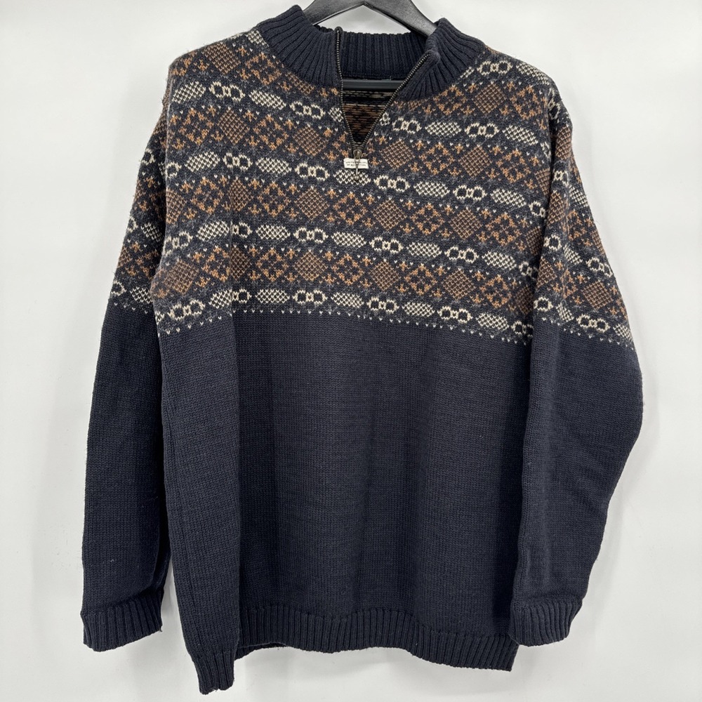 United‎ Colors Of Benetton Men 1/4 Zip Wool Sweater Blue Fair Isles Size Large??